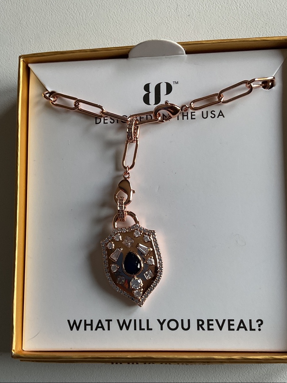 bp Rose Gold Shield Pendant Necklace with Dark Blue Teardrop